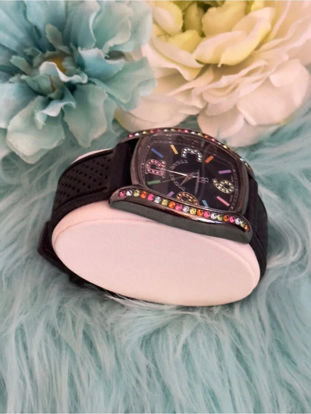 Dooney & Bourke Black Strap Watch with Multicolor Crystal Accents